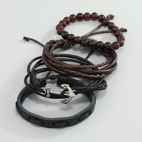 Nautical Anchor Bracelet Multilayer Woven Cowhide Leather Wax Rope Glass Beads Vintage Jewelry Unisex