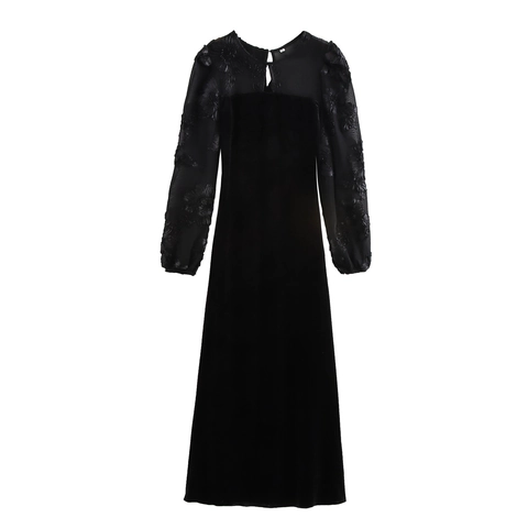 Elegantes Schwarzes Samt Maxikleid Mit 3D Blumenstickerei Mesh Patchwork Langarm Hohe Taille Französischer Stil Abendparty