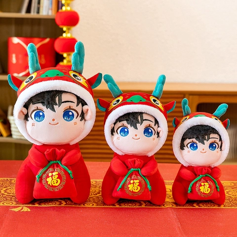 Zodiac Dragon Mascot Plush Doll Red Cartoon Stuffed Animal With Blessing Bag Festive Chinese Style Home Decoration Gift