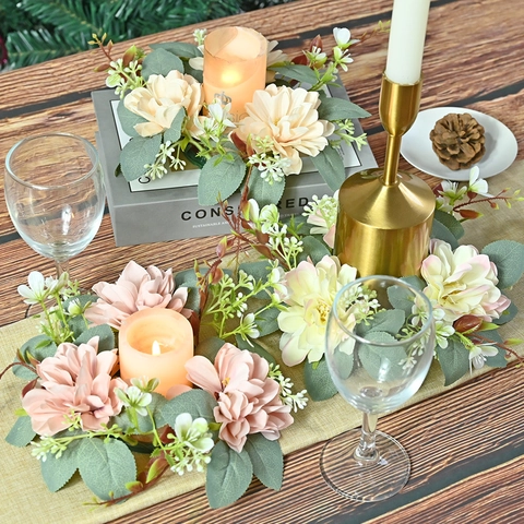 Artificial Dahlia Candle Ring Wreath Satin Flower Eucalyptus Leaf Table Centerpiece For Christmas Wedding Party Home Decor