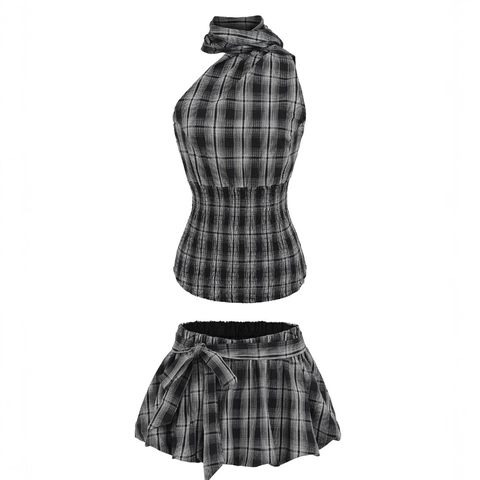 Tenues Haut Licou À Carreaux Et Mini Jupe En Polyester Seersucker Froncée Élastique Style Plage Décontracté Pour Femmes