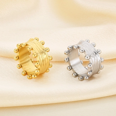 Anillo de Banda Ancha de Acero Inoxidable para Mujer Textura de Corteza Doble Fila de Cuentas Chapado en Oro Plata Joyería de Moda