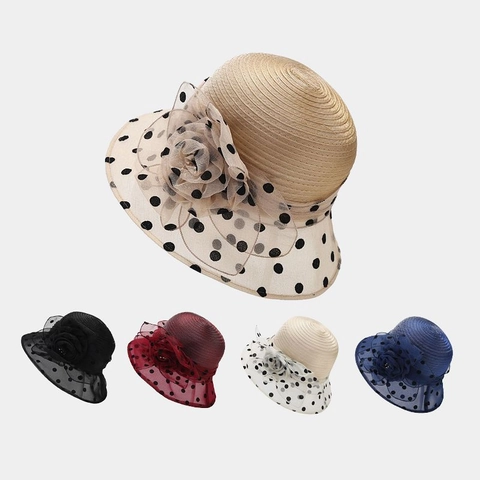 Damen Fischerhut Elegant Organza Blume Polka Dot Netz Atmungsaktiv Sonnenschutz Retro Stil