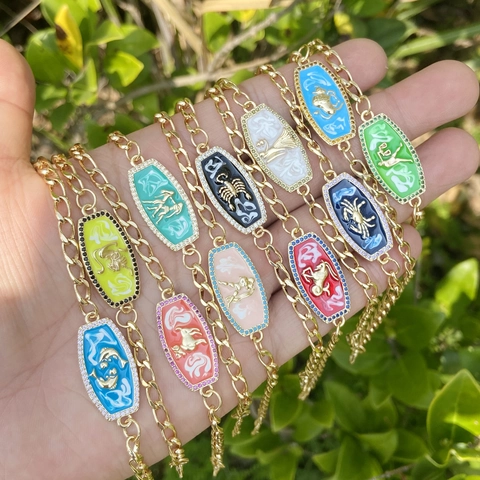 Twaalf Sterrenbeelden Constellatie Emaille Hanger Armbanden Koper Zirkoon Micro Pave Hemelse Sieraden Cadeaus Voor Haar