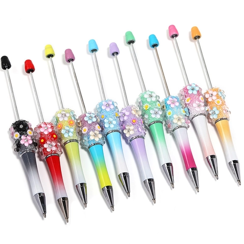 Creative Flower Gradient Ballpoint Pen Handmade Rhinestone Embellished DIY Beaded Pen Office School Stationery Gift Support Writing Twist Pen
