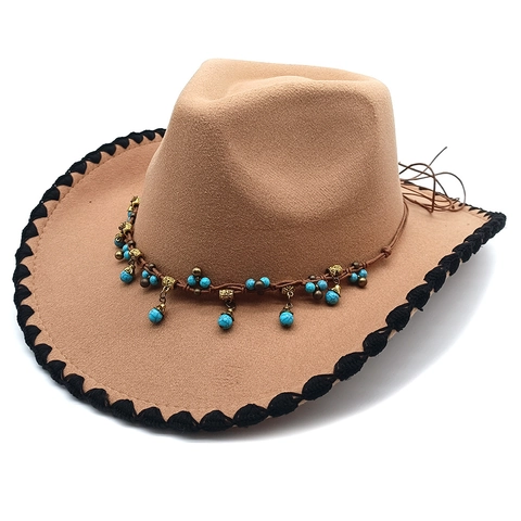 Western Cowboy Hat Cotton Polyester Felt Ethnic Turquoise Bead Metal Pendant Bohemian Wide Brim Retro Style Unisex