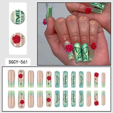Unghie Finte Lunghe A Bara Sfumatura Verde Bianco Ali Di Farfalla Rosa Rossa 3D Fiori Strass Verdi Per Donne