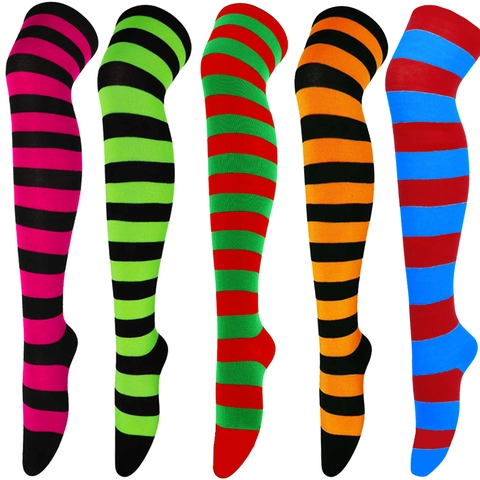Striped Thigh High Socks Over The Knee Stockings Polyester Elastic Breathable For Cosplay Anime Costume Daily Wear Women