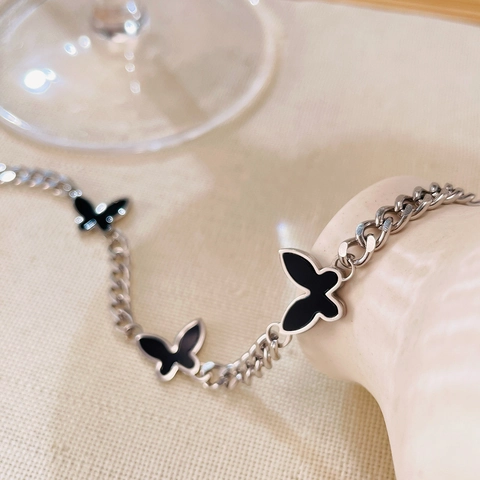 Elegantes Edelstahl Schmetterling Anhänger Armband Für Damen Koreanischen INS Stil Schwarz Emaille Schmetterling Charme Schmuck Kette