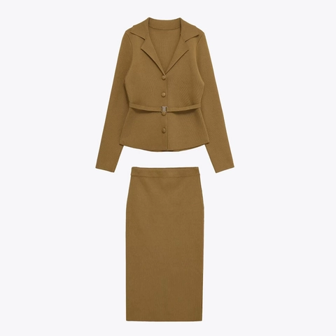 Cardigan E Gonna In Maglia Manica Lunga Risvolto Bottone Tessuto A Costine Con Cintura Chic Casual Donna
