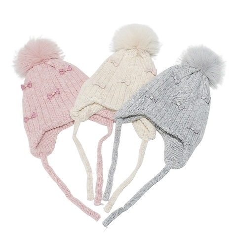 Gorro Punto Niñas Orejeras Pompon Lazo Invierno Calido Acrilico Beanie Suave Prueba De Viento Cordon