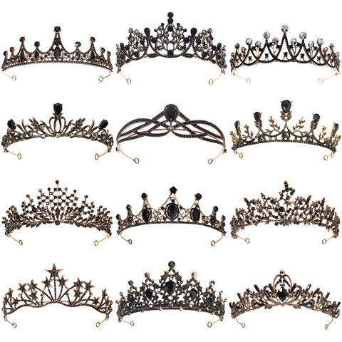 Vintage Barock Krone Tiara Schwarze Strasssteine Legierung Gothic Hochzeit Party Königin Kostüm Kopfschmuck