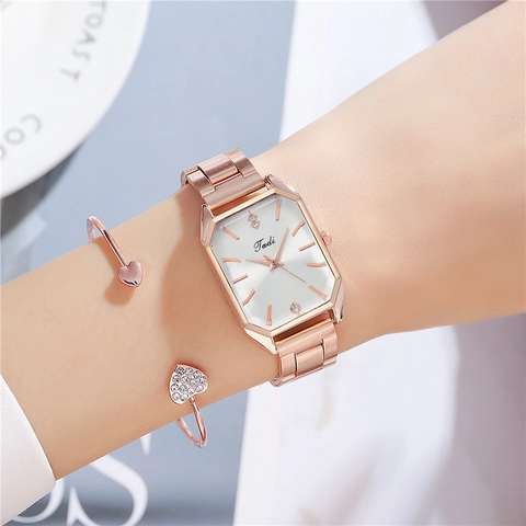 Elegant Women Rectangle Quartz Watch With Rose Gold Alloy Case Stainless Steel Band Rhinestone Dial Fashion Analog Wristwatch For Ladies Casual Business Party