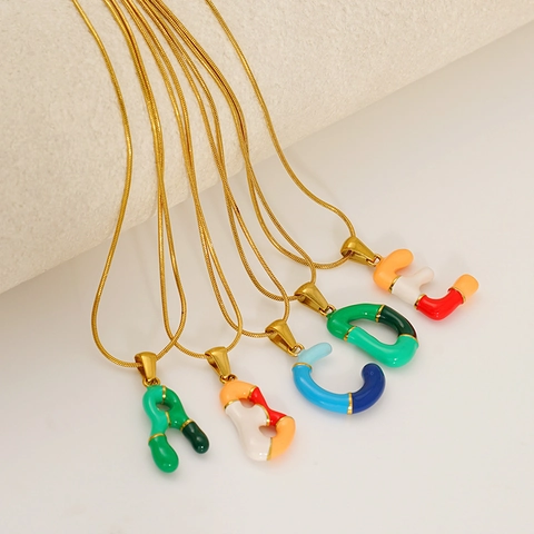 Enamel Colorful Alphabet Pendant Necklace 18K Gold Plated Stainless Steel Snake Bone Chain Initial Jewelry For Women