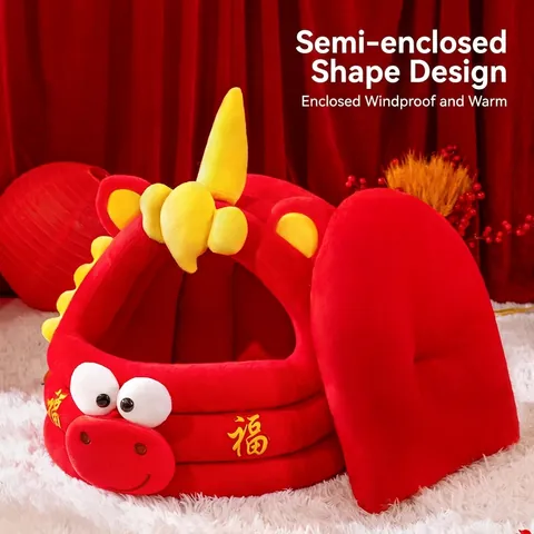 Cat Bed House Lunar New Year Red Plush Warm Semi Enclosed Winter Pet Nest Auspicious Festive Design For Indoor Cats Dogs