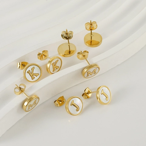 Round Initial Alphabet Stud Earrings 18K Gold Plated Stainless Steel With Natural Shell Inlay Minimalist Jewelry For Women