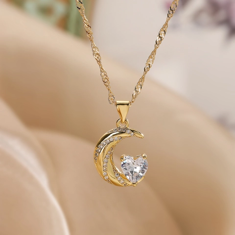 Collana Con Pendente Luna Cuore Rame Placcato Oro 18K Zircone Stella Catena Clavicola Gioielli Di Moda Per Donna
