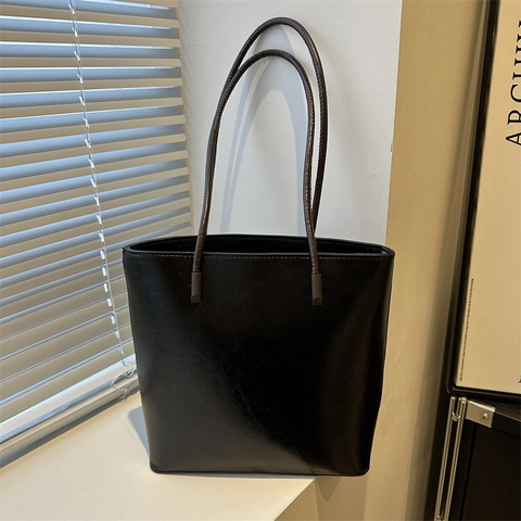 Retro Women Tote Bag PU Leather Large Capacity Zipper Shoulder Handbag Minimalist Korean Style Commuter Daily