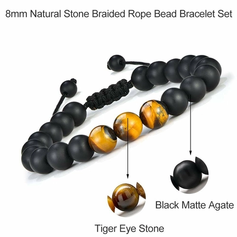 Natural Stone Bead Bracelet With Tiger Eye And Black Matte Agate Adjustable Braided Rope Jewelry Gift For Men