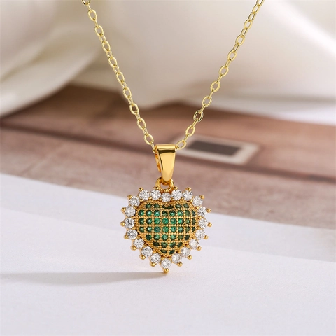 Herz Anhänger Halskette Kupfer Mikro Pave Zirkon Eleganter Schmuck Ins Stil Bunte Minimale Schlüsselbeinkette Für Damen