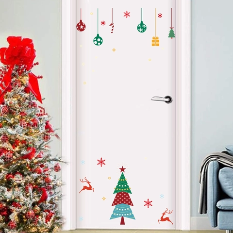 Weihnachten Türaufkleber PVC Wandtattoo Rentier Schneeflocke Baum Muster Selbstklebend Festliche Heimdekoration