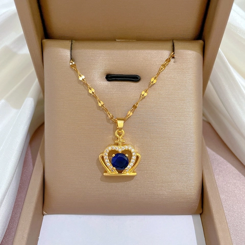 Collana Con Ciondolo A Cuore E Corona Acciaio Al Titanio Rame Zircone Blu Placcato Oro Gioielli Eleganti Donna