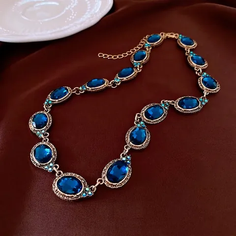 Collana E Orecchini Vintage Stile Palazzo Con Strass Blu Ovali Perno In Argento Lega Gioielli Lusso Donna
