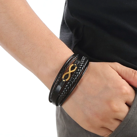 Bracelet Homme En Cuir Tressé Multicouche Avec Symbole Infini Acier Inoxydable Fermoir Magnétique Bijoux Vintage