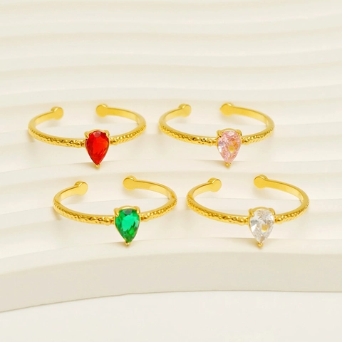 Pear Shaped Zircon Ring 18K Gold Plated Stainless Steel Hammered Texture Open Adjustable Fashion Jewelry For Women