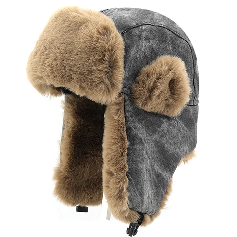 Gorro De Trampero De Algodón Lavado Vintage Forro De Piel Sintética Invierno Cálido Orejeras Gorro Bomber Unisex