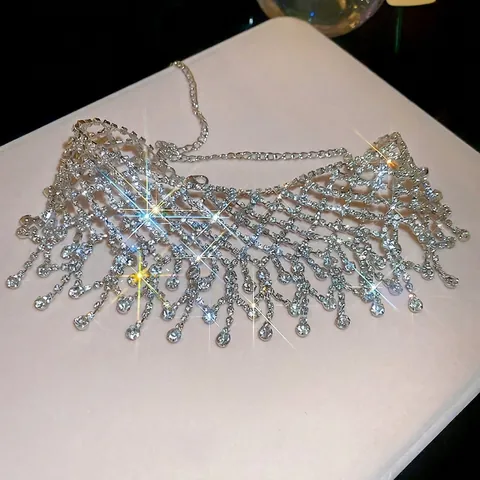Collana Choker Con Strass Rame Maglia Incavata Frangia Scintillante Lusso Gioielli Per Donne