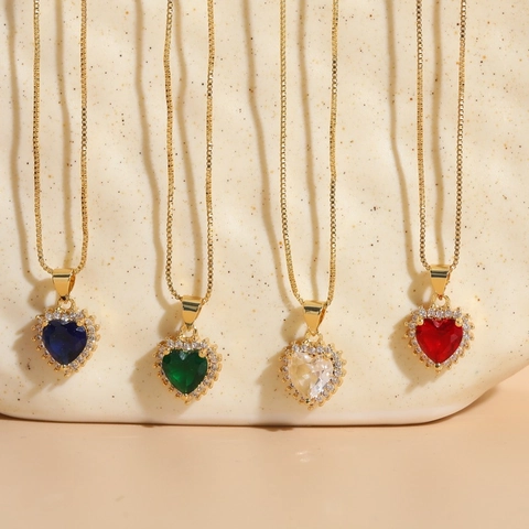 Heart Pendant Necklace 14K Gold Plated Copper Cubic Zirconia Halo Design Box Chain Elegant Jewelry For Women