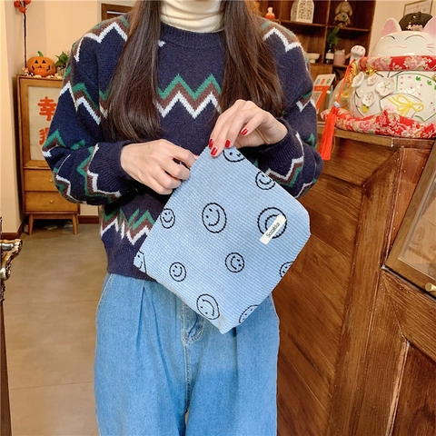 Vintage Corduroy Smile Polka Dot Cosmetic Bag Women Makeup Organizer Wash Bag Travel Clutch Handbag Stationery Pencil Pouch