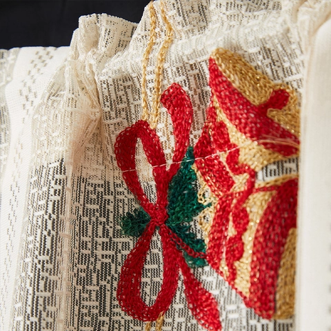 Christmas Embroidery Lace Coffee Curtain Polyester Short Window Treatment Santa Bell Pattern Holiday Home Decor