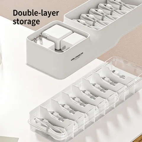 Boîte De Rangement Pour Câbles Double Couche Plastique Diviseur Réglable Organisateur De Bureau Couvercle Antipoussière