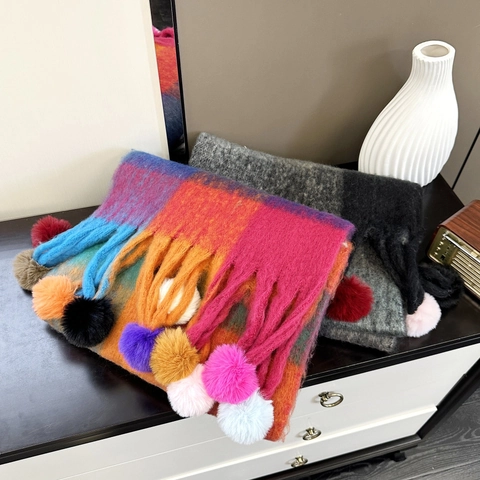 Rainbow Plaid Winter Scarf Polyester Thick Warm Long Shawl With Colorful Pom-pom Tassels For Women