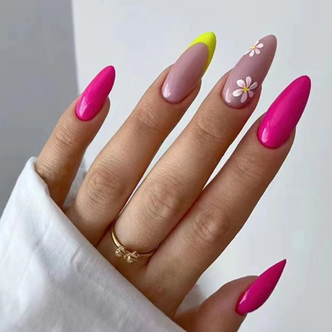 Summer Fresh Press On Nails Long Almond Shaped Floral Daisy Pattern French Tip Minimalist Bright Rose Red Fake Nails