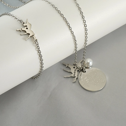 Stainless Steel Unicorn Necklace And Bracelet Inspirational Engraved Message Round Tag White Artificial Pearl Jewelry For Women