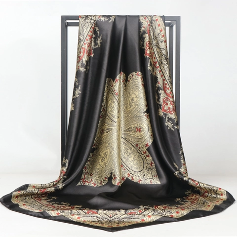 Foulard Carré Rétro Imprimé Paisley Pour Femmes Sensation Soie Satin Bandana Élégant Motif Baroque Écharpe Mode Hijab Châle