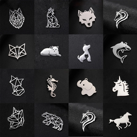 Ciondoli Animali Charms Acciaio Inossidabile Cavo Geometrico Lupo Volpe Gatto Cane Cavallo Accessori Per Collana Portachiavi