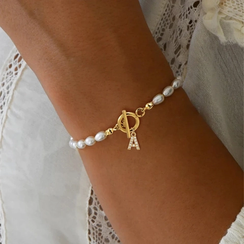 Artificial Pearl Bracelet With Initial Letter Pendant OT Toggle Clasp Stainless Steel Copper Zircon Vintage Minimalist For Women