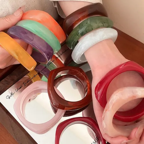 Retro Hars Geometrische Vierkante Armring Armband Breed Dik Marmerpatroon Kleurrijke Mode Sieraden Voor Dames
