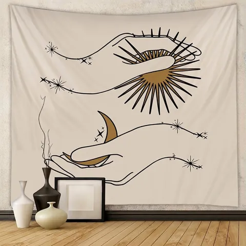 Tapiz De Pared Bohemio Poliéster Sol Luna Estrellas Manos Arte De Líneas Minimalista Decoración Colgante Estética
