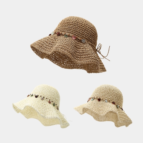 Sombrero De Sol De Paja De Ganchillo Con Cuentas De Madera Y Colgantes De Concha Ala Ancha Transpirable Playa Vacaciones