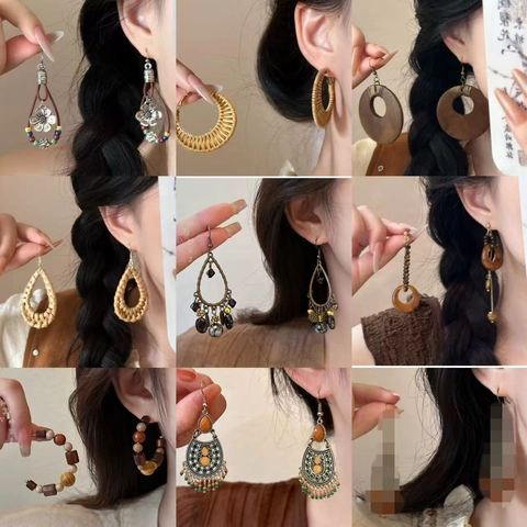 Pendientes Colgantes Bohemios Ratán Trenzado Cuentas Madera Flores Aleación Poste Plata Estilo Étnico Vintage Para Mujeres