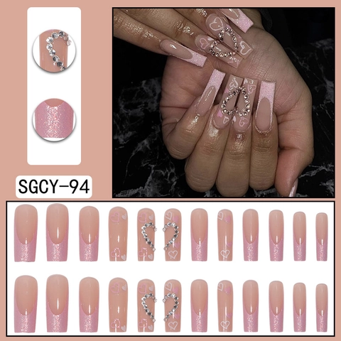 Faux Ongles À Presser Long Cercueil Rose Pailleté French Cœur Strass Ongles Artificiels Pour Femmes