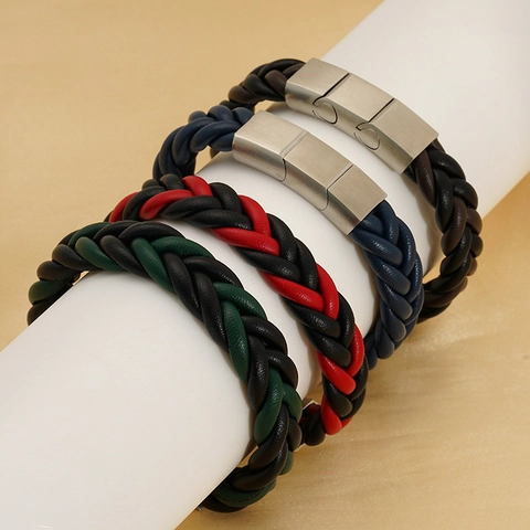 Men Braided Leather Bracelet Stainless Steel Magnetic Clasp Vintage Punk Style Bangle Unisex Fashion Jewelry Accessory