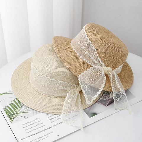 Cappello di Paglia Francese Retrò da Donna Con Pizzo e Fiocco Estate Vacanza Paglietta Parasole a Tesa Larga