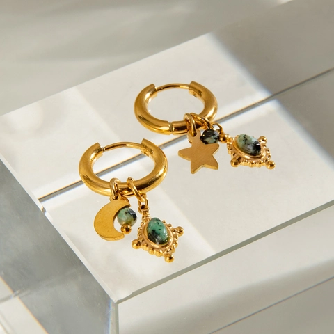 Stainless Steel Hoop Earrings With Star Moon Pendants And Green Stone Gold Plated Vintage Aesthetic Jewelry For Women
