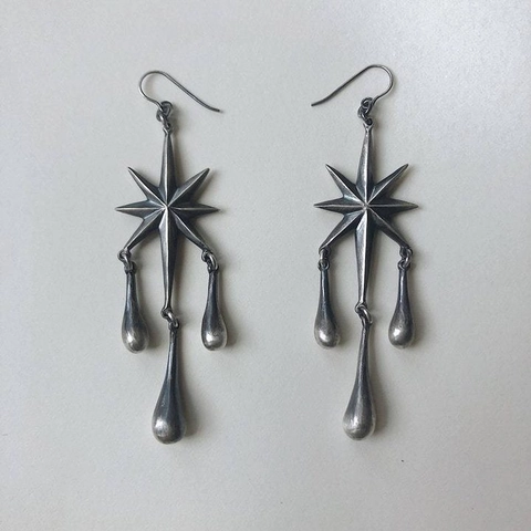 Retro Eight-Pointed Star Long Tassel Drop Earrings Vintage Punk Goth Alloy Gun Black Jewelry For Women